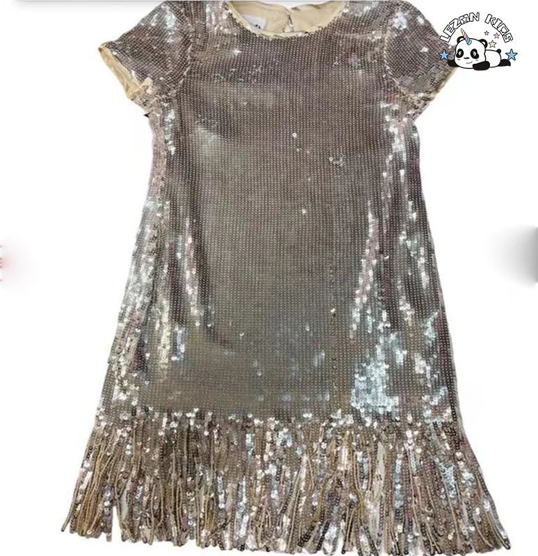 LEZONKIDS - Novo em 2024 Vestido Infantil Sem Manga de Verão com Lantejoulas e Franjas para Meninas